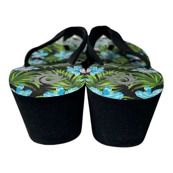 Hawaiian Womens Flip Flop Sandals~Size 7~Black Green Floral Wedge Shoe P7 17 - Picture 4 of 8